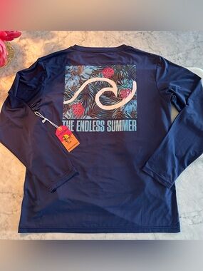 🆕 Endless Summer Men's Navy XL Long-Sleeve Swim Shirt SURF Art Back Retail $79